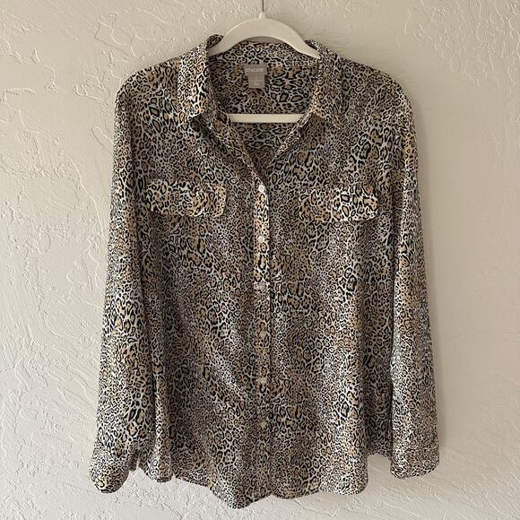 CHICOS | Women’s Animal-Print Shirt Size 2 Large Long Sleeve Button Down Blouse - Picture 2 of 12